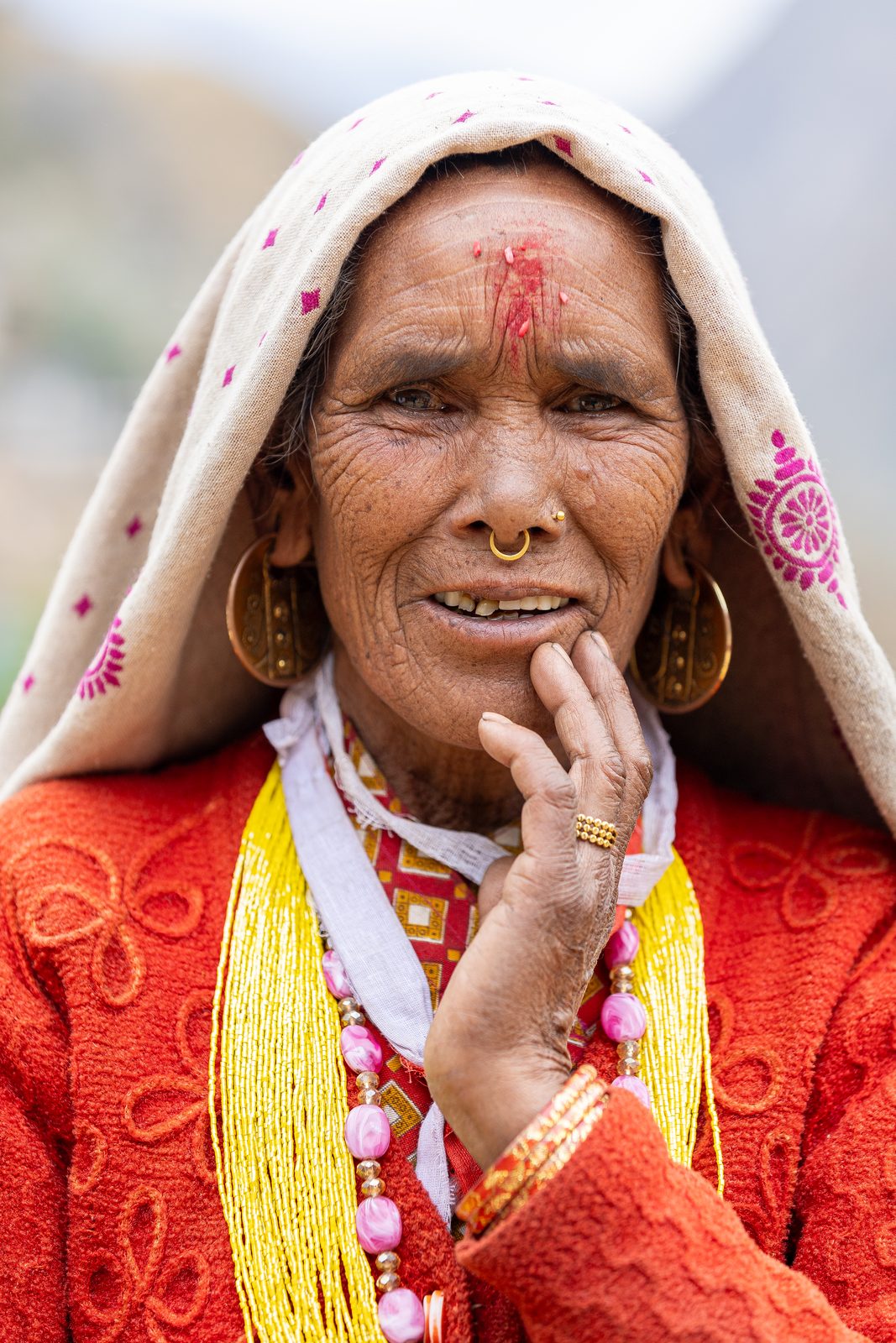 Portrait of an elder woman in traditional Nepali dress